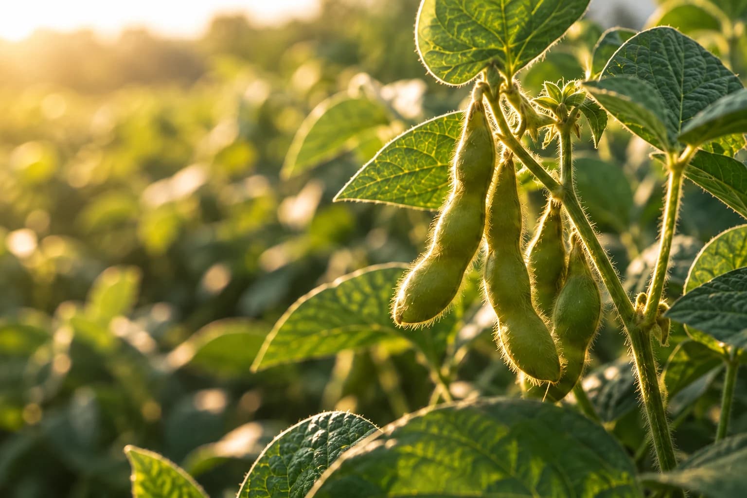 Sunlit green soybean pods growing among leaves